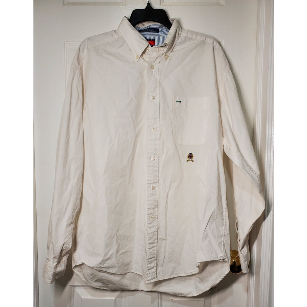 Tommy Hilfiger Mens LG White Button Down Shirt Crest Logo Short Sleeve Classic